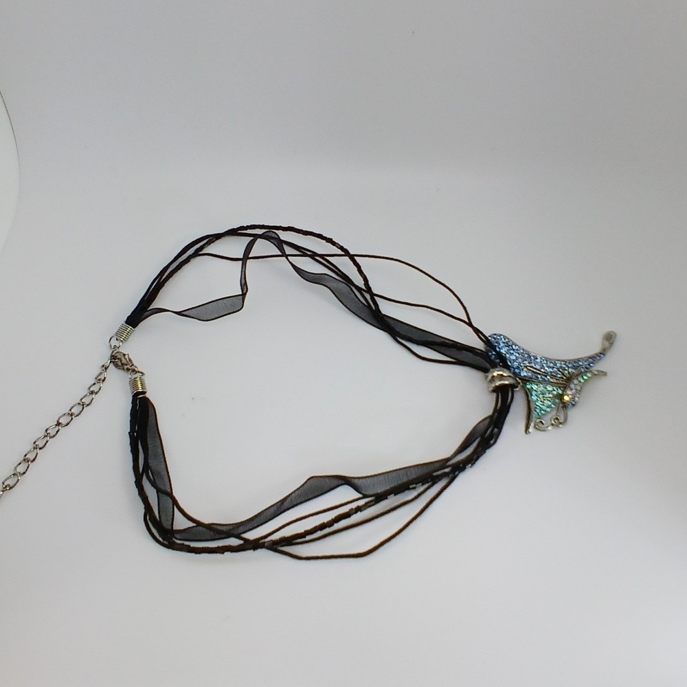 Blue Rhinestone Butterfly Pendant Multi Strand Black Ribbon Necklace Chocker NOS - Picture 10 of 17